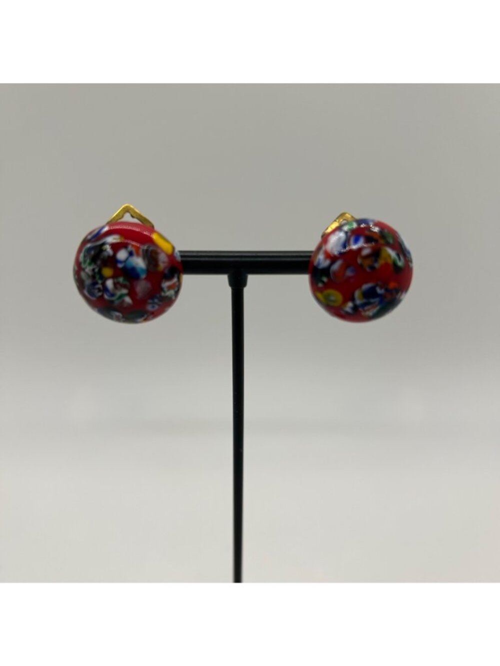 Millefiori Glass Clip-On Earrings Red Dome Multi-Color Mosaic Vintage - Picture 16 of 16